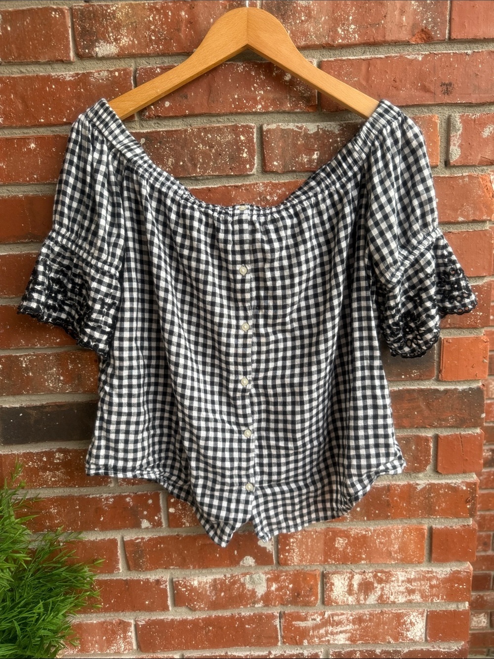 Old Navy Black and White Gingham Off-Shoulder Button-Front Top